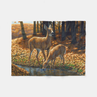 Whitetail Doe and Fawn Drinking from a Stream Fleece Blanket