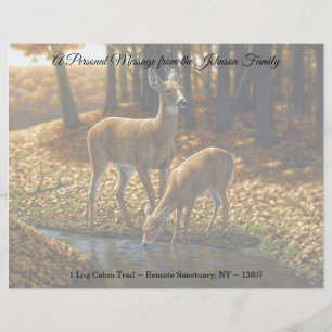 Whitetail Doe and Fawn Drinking from a Stream Lett Letterhead