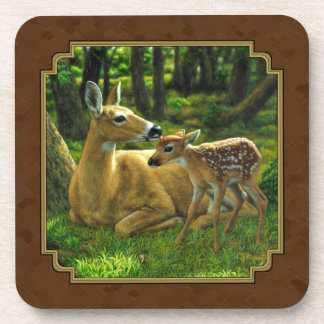 Whitetail Doe and Spring Fawn Brown Drink Coaster