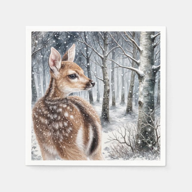 Whitetail Fawn In Winter Forest Napkins (Front)