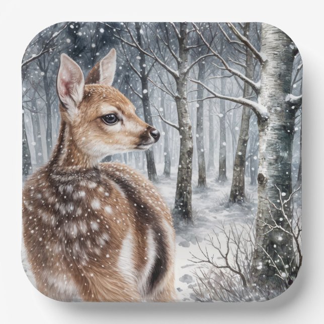 Whitetail Fawn In Winter Forest Paper Plates (Front)