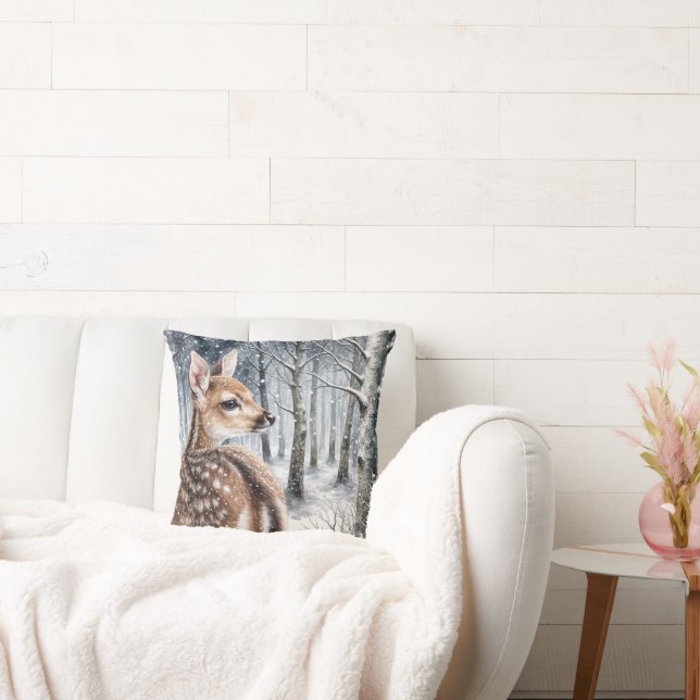 Whitetail Fawn In Winter Forest Throw Pillow (Couch)