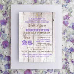 Whitewash Lilac Rustic First Holy Communion Invitation