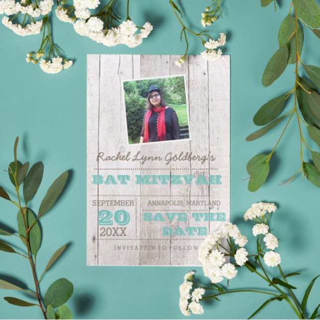 Whitewash Teal Bat Mitzvah Photo Save Date Announcement Postcard (Creator Uploaded)