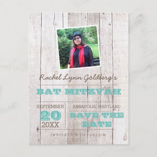 Whitewash Teal Bat Mitzvah Photo Save Date Announcement Postcard