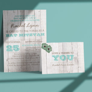 Whitewash Teal Bat Mitzvah Thank You Note