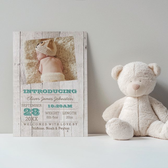 Whitewash Teal  Photo Birth Announcement Postcard (Creator Uploaded)