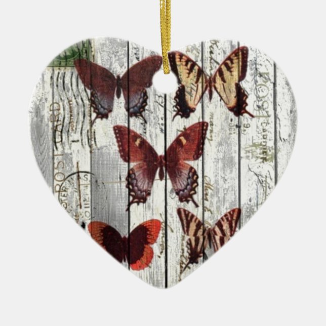 whitewashed barn wood bohemian french butterfly ceramic ornament (Front)