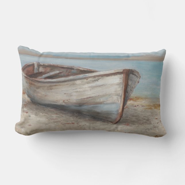 Whitewashed Boat on the Shore Lumbar Pillow (Front)