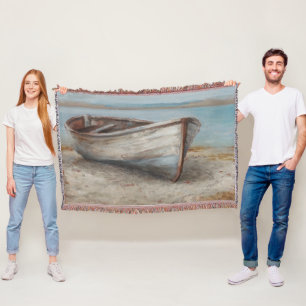 Whitewashed Boat on the Shore Throw Blanket