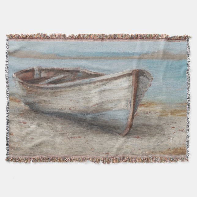 Whitewashed Boat on the Shore Throw Blanket (Front)