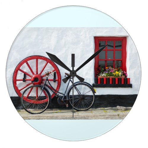 Whitewashed Donegal viilage pub with bicycle Large Clock