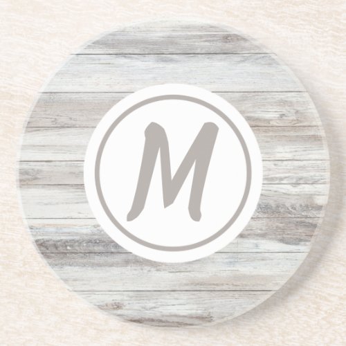 Whitewashed Wood Monogram In Circle Coaster