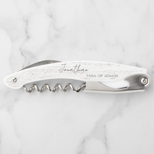 Whitewashed Wood Personalized Bridal Party Waiter's Corkscrew (Back)