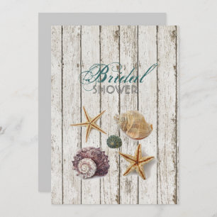 Whitewashed wood seashells beach bridal shower invitation