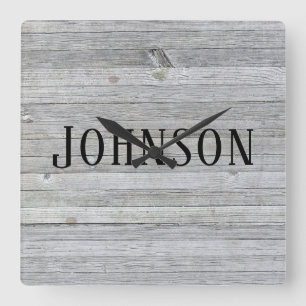 whitewashed wood with family name square wall clock