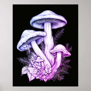 Whitish Purple Mushrooms Black Background Wall Poster
