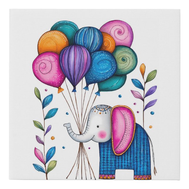 WHMSICAL ELEPHANT BALLOONS FAUX CANVAS PRINT (Front)