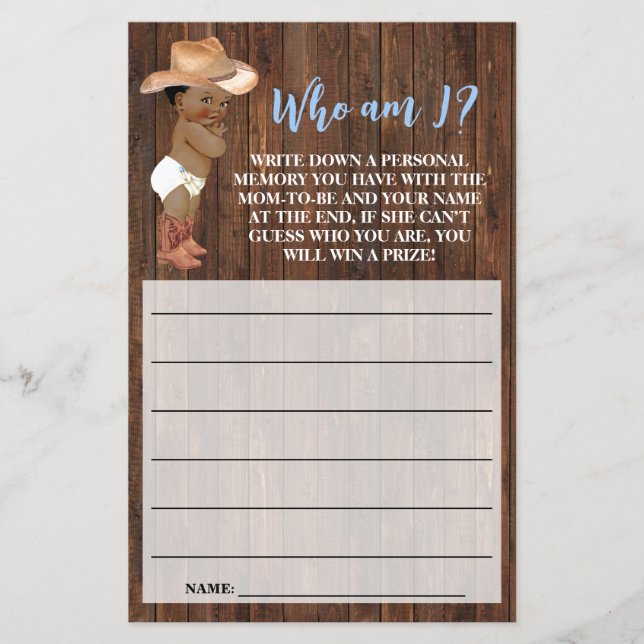 Who am I AA Cowboy Pink Baby Shower Game Card Flyer (Front)