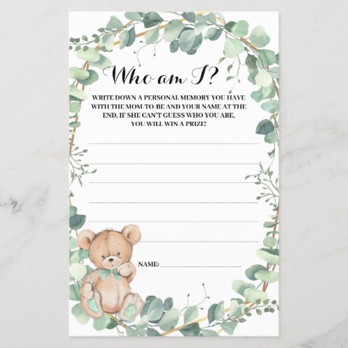 Who am I Bear Greenery Baby Shower Game Card Flyer