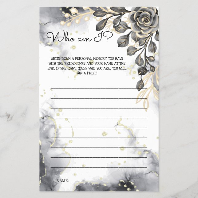 Who am I Black Roses Bridal Shower Game Card Flyer (Front)