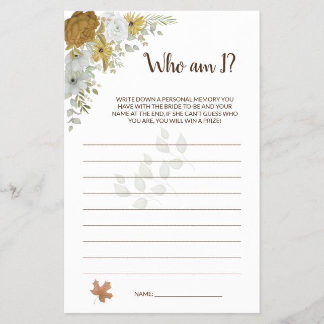 Who am I Boho Autumn Bridal Shower Game Card Flyer (Front)