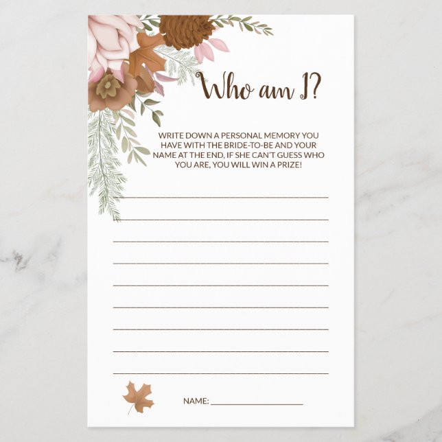 Who am I Boho Autumn Bridal Shower Game Card Flyer (Front)