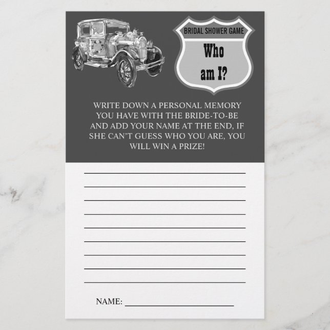 Who am I? | Bridal Car | Bridal Shower Game Card Flyer (Front)