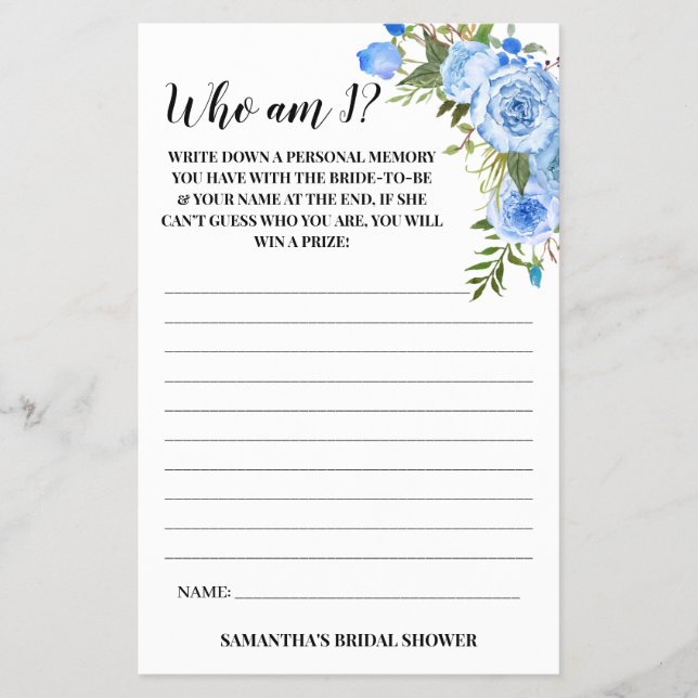 Who am I? Bridal Shower Blue Flowers Game Card Flyer (Front)