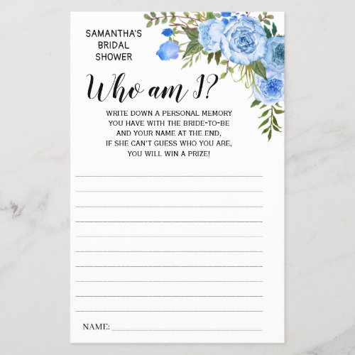 Who am I Bridal Shower English Spanish Game Card Flyer