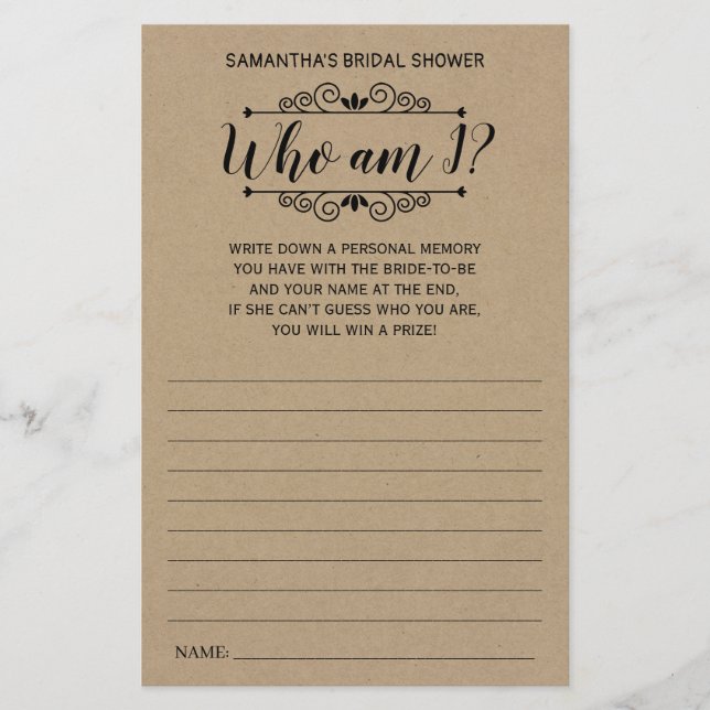 Who am I bridal shower english spanish rustic game (Front)