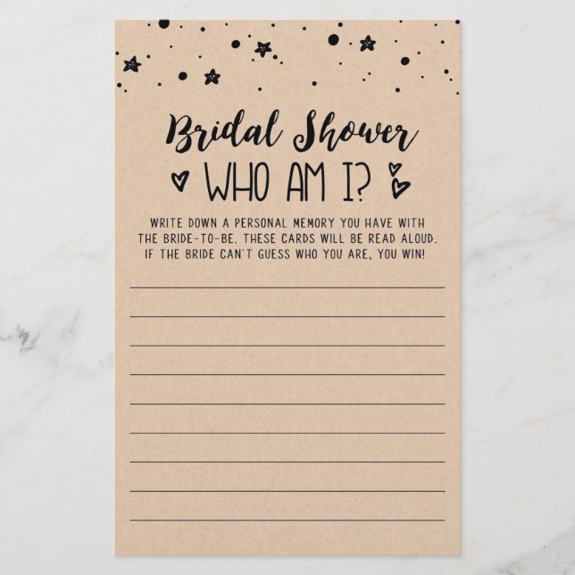 Who am I Bridal Shower or Hen Party game (Front)