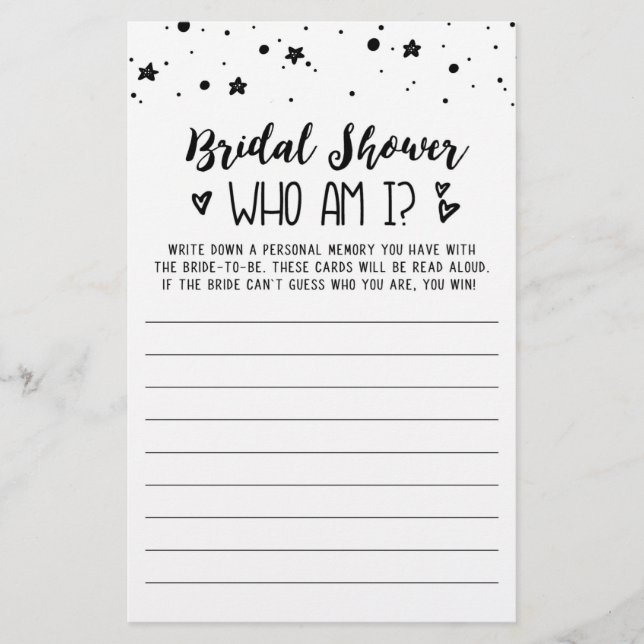 Who am I Bridal Shower or Hen Party game (Front)