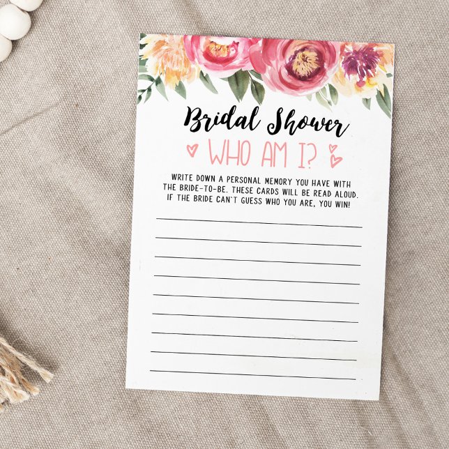 Who am I Bridal Shower or Hen Party game Card (Creator Uploaded)