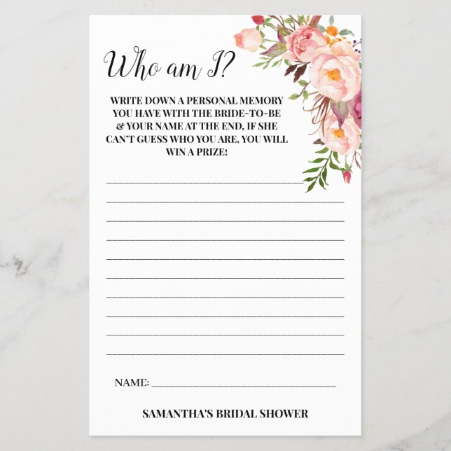 Who am I? Bridal Shower Pink Flowers Game Card Flyer (Front)