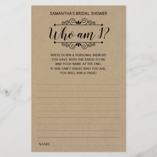 Who am I Bridal Shower Rustic game Card Flyer