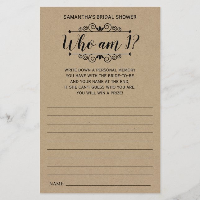 Who am I Bridal Shower Rustic game Card Flyer (Front)