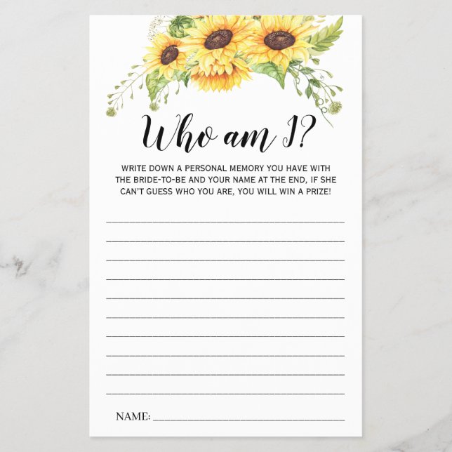 Who am I Bridal Shower Sunflowers Game Card Flyer (Front)