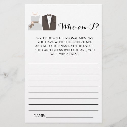 Who am i Bride  Groom Bridal Shower Game Card Flyer