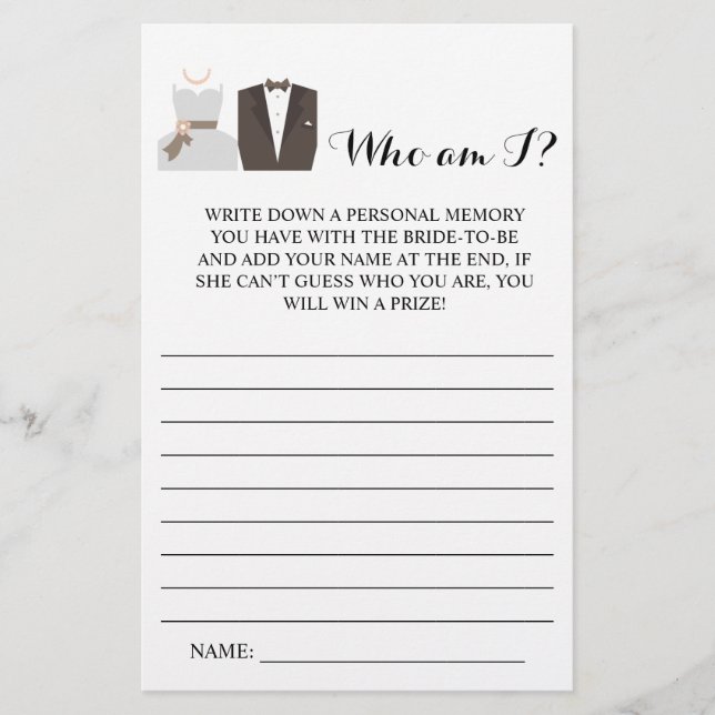 Who am i? Bride & Groom Bridal Shower Game Card Flyer (Front)