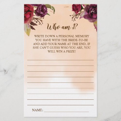 Who am I Burgundy Flowers Bridal Shower Game Card Flyer