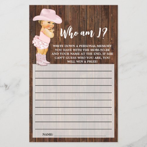 Who am I Cowgirl Pink Baby Shower Game Card Flyer