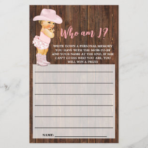 Who am I Cowgirl Pink Baby Shower Game Card Flyer