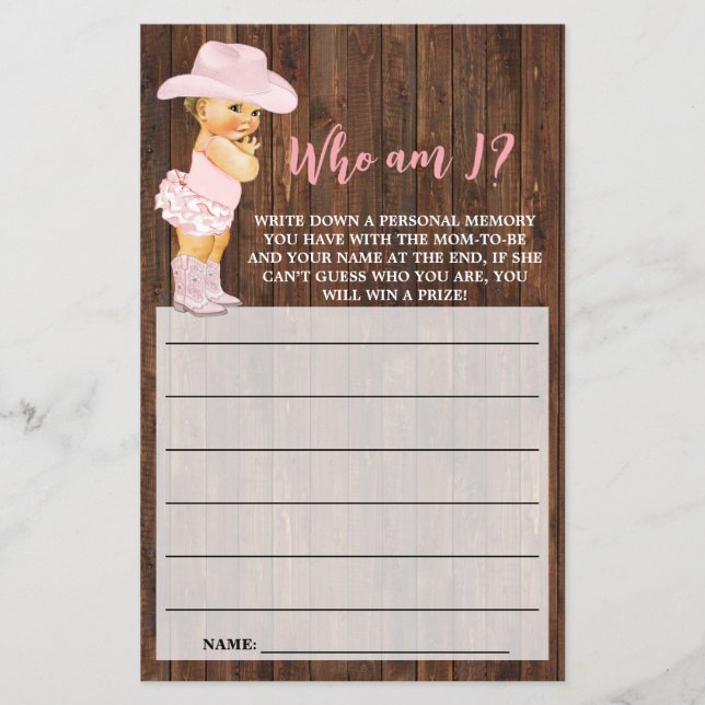 Who am I Cowgirl Pink Baby Shower Game Card Flyer (Front)
