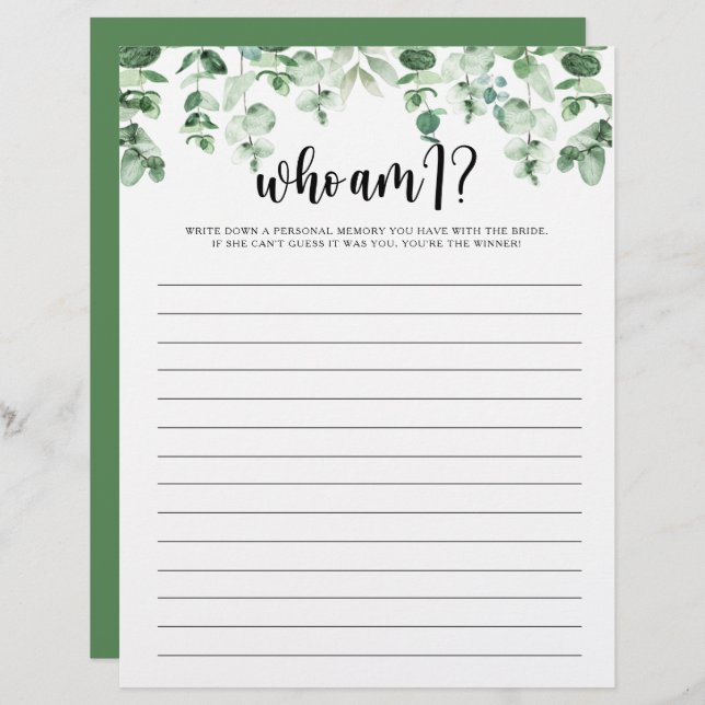 Who Am I Eucalyptus Bridal Shower Game (Front/Back)