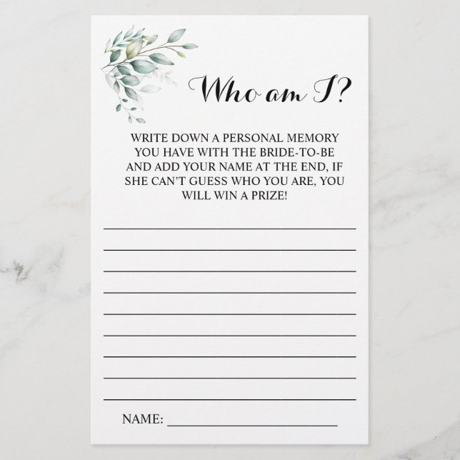 Who am I?  Eucalyptus Bridal Shower Game Card Flyer (Front)