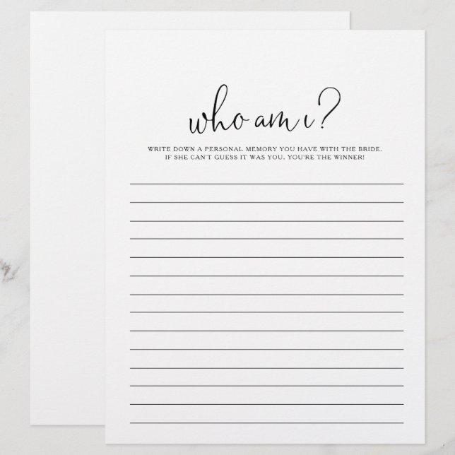Who Am I Fancy Script Bridal Shower Game (Front/Back)