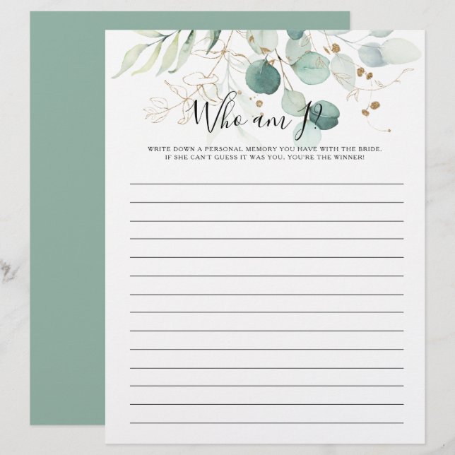 Who Am I Gold Floral Bridal Shower Game (Front/Back)