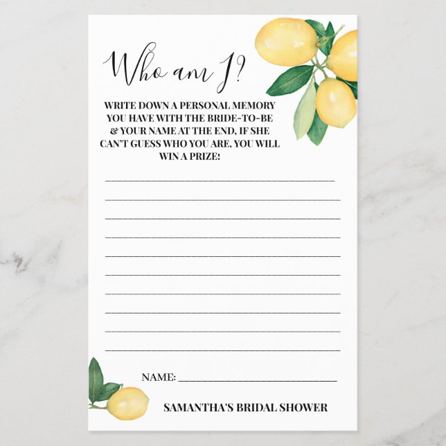 Who am I? Lemon Bridal Shower Game Card Flyer (Front)