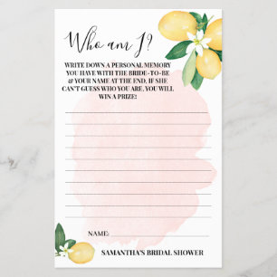 Who am I? Lemon Pink Bridal Shower Game Card Flyer